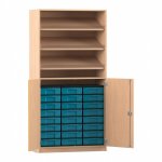Flexeo Schrank, 3 Schrägablagen, 24 kleine Boxen, 2 Halbtüren Buche hell mit Boxen blau (Zoom)
