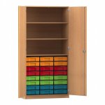 Flexeo Schrank, 24 kleine Boxen, 3 Fächer, 2 Türen Buche dunkel mit Boxen bunt (Zoom)