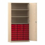 Flexeo Hochschrank mit 3 großen Fächern, 24 kleinen Boxen und Türen Ahorn honig mit Boxen rot (Zoom)