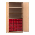 Flexeo Hochschrank mit 3 großen Fächern, 24 kleinen Boxen und Türen Buche hell mit Boxen rot (Zoom)