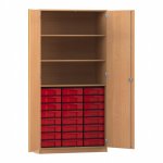 Flexeo Hochschrank mit 3 großen Fächern, 24 kleinen Boxen und Türen Buche dunkel mit Boxen rot (Zoom)