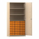 Flexeo Schrank, 24 kleine Boxen, 3 Fächer, 2 Türen Ahorn honig mit Boxen gelb (Zoom)