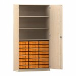 Flexeo Hochschrank mit 3 großen Fächern, 24 kleinen Boxen und Türen Ahorn honig mit Boxen gelb (Zoom)