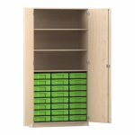 Flexeo Hochschrank mit 3 großen Fächern, 24 kleinen Boxen und Türen Ahorn honig mit Boxen grün (Zoom)