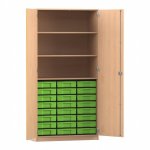 Flexeo Hochschrank mit 3 großen Fächern, 24 kleinen Boxen und Türen Buche hell mit Boxen grün (Zoom)