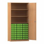Flexeo Hochschrank mit 3 großen Fächern, 24 kleinen Boxen und Türen Buche dunkel mit Boxen grün (Zoom)
