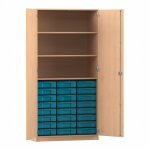 Flexeo Hochschrank mit 3 großen Fächern, 24 kleinen Boxen und Türen Buche hell mit Boxen blau (Zoom)