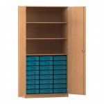 Flexeo Hochschrank mit 3 großen Fächern, 24 kleinen Boxen und Türen Buche dunkel mit Boxen blau (Zoom)