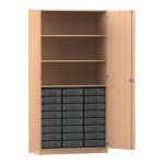 Flexeo Hochschrank mit 3 großen Fächern, 24 kleinen Boxen und Türen Buche hell mit Boxen transparent (Zoom)