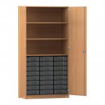 Flexeo Hochschrank mit 3 großen Fächern, 24 kleinen Boxen und Türen Buche dunkel mit Boxen transparent (Zoom)