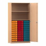 Flexeo Hochschrank mit 2 großen Fächern, 30 kleinen Boxen und Türen Buche hell mit Boxen bunt (Zoom)