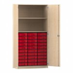 Flexeo Hochschrank mit 2 großen Fächern, 30 kleinen Boxen und Türen Ahorn honig mit Boxen rot (Zoom)