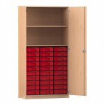 Flexeo Schrank, 30 kleine Boxen, 2 Fächer, 2 Türen Buche hell mit Boxen rot (Zoom)