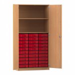 Flexeo Schrank, 30 kleine Boxen, 2 Fächer, 2 Türen Buche dunkel mit Boxen rot (Zoom)