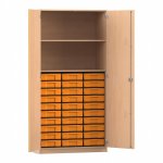 Flexeo Schrank, 30 kleine Boxen, 2 Fächer, 2 Türen Buche hell mit Boxen gelb (Zoom)