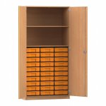 Flexeo Schrank, 30 kleine Boxen, 2 Fächer, 2 Türen Buche dunkel mit Boxen gelb (Zoom)