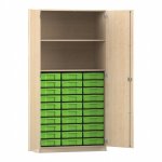 Flexeo Hochschrank mit 2 großen Fächern, 30 kleinen Boxen und Türen Ahorn honig mit Boxen grün (Zoom)