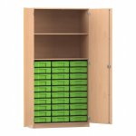 Flexeo Hochschrank mit 2 großen Fächern, 30 kleinen Boxen und Türen Buche hell mit Boxen grün (Zoom)
