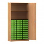 Flexeo Hochschrank mit 2 großen Fächern, 30 kleinen Boxen und Türen Buche dunkel mit Boxen grün (Zoom)
