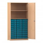 Flexeo Hochschrank mit 2 großen Fächern, 30 kleinen Boxen und Türen Buche hell mit Boxen blau (Zoom)