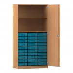 Flexeo Hochschrank mit 2 großen Fächern, 30 kleinen Boxen und Türen Buche dunkel mit Boxen blau (Zoom)