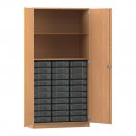 Flexeo Schrank, 30 kleine Boxen, 2 Fächer, 2 Türen Buche dunkel mit Boxen transparent (Zoom)