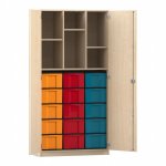 Flexeo Hochschrank mit 6 Fächern, 15 großen Boxen und Türen Ahorn honig mit Boxen bunt (Zoom)