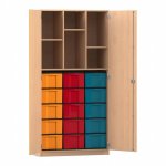 Flexeo Hochschrank mit 6 Fächern, 15 großen Boxen und Türen Buche hell mit Boxen bunt (Zoom)
