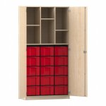 Flexeo Hochschrank mit 6 Fächern, 15 großen Boxen und Türen Ahorn honig mit Boxen rot (Zoom)