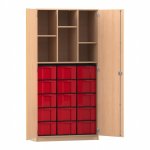 Flexeo Hochschrank mit 6 Fächern, 15 großen Boxen und Türen Buche hell mit Boxen rot (Zoom)