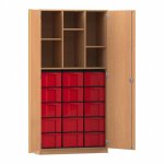 Flexeo Hochschrank mit 6 Fächern, 15 großen Boxen und Türen Buche dunkel mit Boxen rot (Zoom)