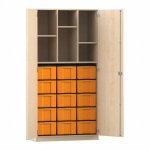 Flexeo Hochschrank mit 6 Fächern, 15 großen Boxen und Türen Ahorn honig mit Boxen gelb (Zoom)