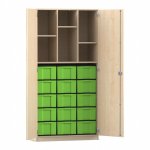 Flexeo Hochschrank mit 6 Fächern, 15 großen Boxen und Türen Ahorn honig mit Boxen grün (Zoom)