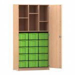 Flexeo Hochschrank mit 6 Fächern, 15 großen Boxen und Türen Buche hell mit Boxen grün (Zoom)