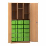 Flexeo Hochschrank mit 6 Fächern, 15 großen Boxen und Türen Buche dunkel mit Boxen grün (Zoom)