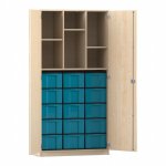 Flexeo Hochschrank mit 6 Fächern, 15 großen Boxen und Türen Ahorn honig mit Boxen blau (Zoom)