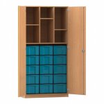 Flexeo Hochschrank mit 6 Fächern, 15 großen Boxen und Türen Buche dunkel mit Boxen blau (Zoom)