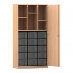 Flexeo Hochschrank mit 6 Fächern, 15 großen Boxen und Türen Buche hell mit Boxen transparent (Zoom)