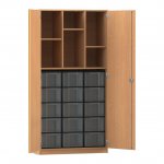 Flexeo Hochschrank mit 6 Fächern, 15 großen Boxen und Türen Buche dunkel mit Boxen transparent (Zoom)