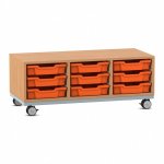 Flexeo Regal Pro mit Stahlrahmen, 3 Reihen, 9 Boxen Gr. S Buche dunkel mit Boxen orange (Zoom)