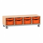 Flexeo Regal PRO, Stahlrahmen, 4 Reihen, je 4 Boxen Gr. S und Gr. M Buche hell mit Boxen orange (Zoom)