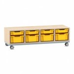Flexeo Regal PRO, Stahlrahmen, 4 Reihen, je 4 Boxen Gr. S und Gr. M Ahorn honig mit Boxen gelb (Zoom)