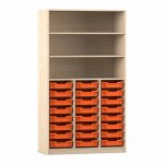Flexeo Hochregal PRO, 3 Reihen, 24 Boxen Gr. S, 3 Fächer Ahorn honig mit Boxen orange (Zoom)