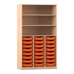 Flexeo Hochregal PRO, 3 Reihen, 24 Boxen Gr. S, 3 Fächer Buche hell mit Boxen orange (Zoom)