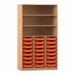 Flexeo Hochregal PRO, 3 Reihen, 24 Boxen Gr. S, 3 Fächer Buche dunkel mit Boxen orange (Zoom)