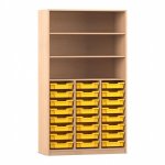 Flexeo Hochregal PRO, 3 Reihen, 24 Boxen Gr. S, 3 Fächer Buche hell mit Boxen gelb (Zoom)