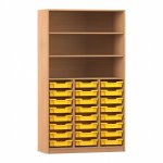 Flexeo Hochregal PRO, 3 Reihen, 24 Boxen Gr. S, 3 Fächer Buche dunkel mit Boxen gelb (Zoom)