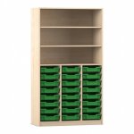 Flexeo Hochregal PRO, 3 Reihen, 24 Boxen Gr. S, 3 Fächer Ahorn honig mit Boxen dunkelgrün (Zoom)