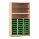 Flexeo Hochregal PRO, 3 Reihen, 24 Boxen Gr. S, 3 Fächer Buche hell mit Boxen dunkelgrün (Zoom)