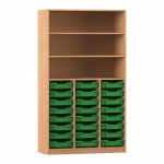 Flexeo Hochregal PRO, 3 Reihen, 24 Boxen Gr. S, 3 Fächer Buche dunkel mit Boxen dunkelgrün (Zoom)